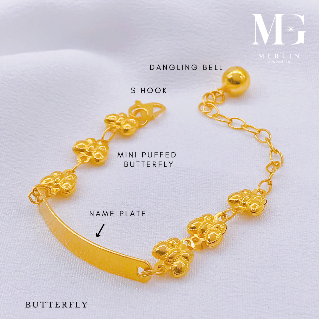 Merlin Goldsmith 22k 916 Gold Kids ID Bracelet with Dangling Bell (Airplane / Butterfly) · v3