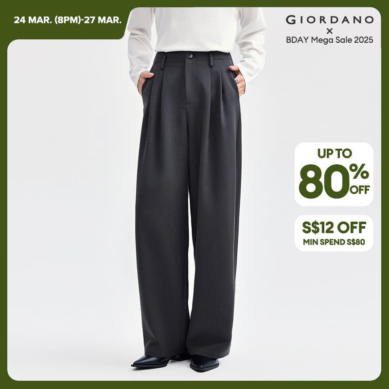 Giordano Women High waist wide leg pleated suit pants Free Shipping 18414922 · v2