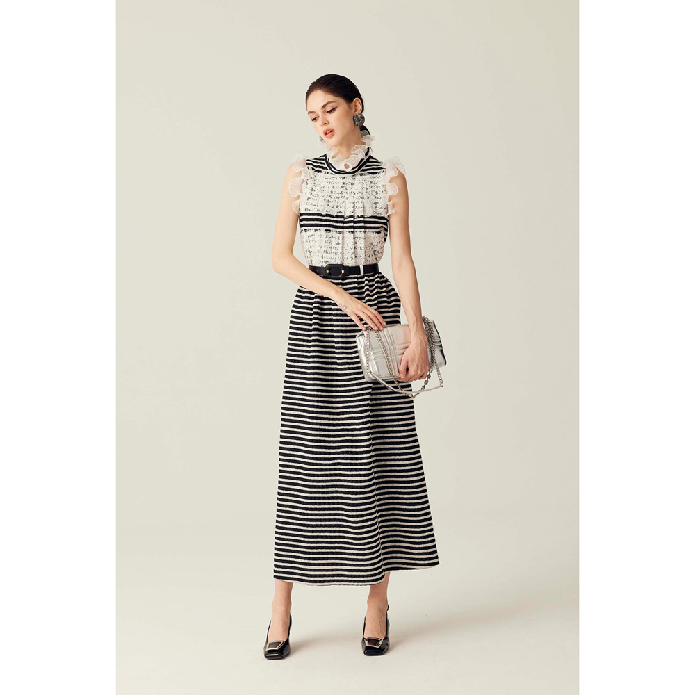 iROO Women Fashion Sleeveless Black White Stripe Lace Dress · v4