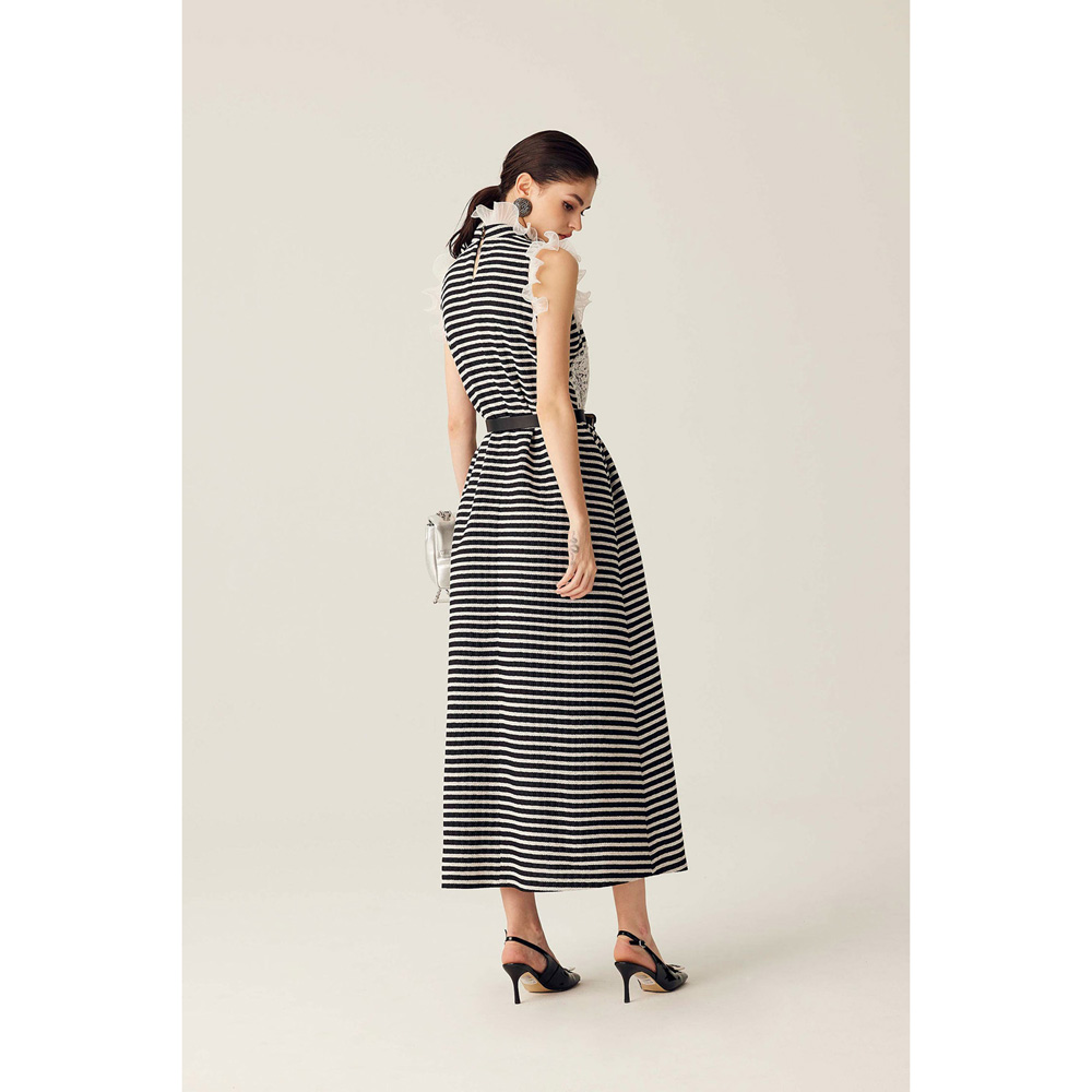 iROO Women Fashion Sleeveless Black White Stripe Lace Dress · v4