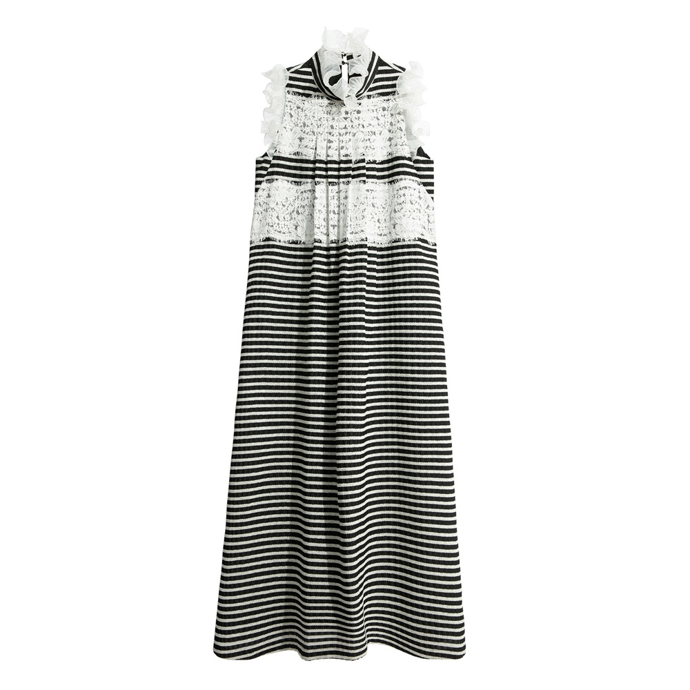 iROO Women Fashion Sleeveless Black White Stripe Lace Dress · v4