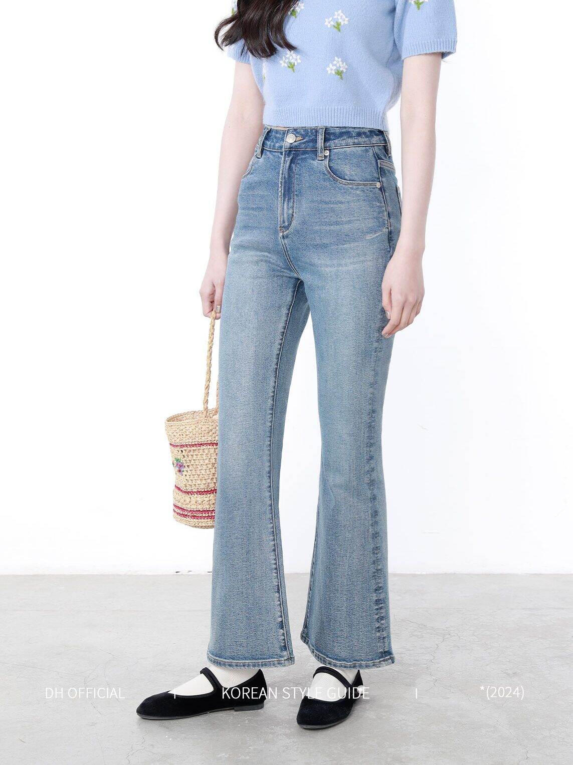 High Waist Flared Jeans Women's Spring Blue Cotton Stretch Denim Floral Print Supermodel Pants Straight Leg Trousers · v2