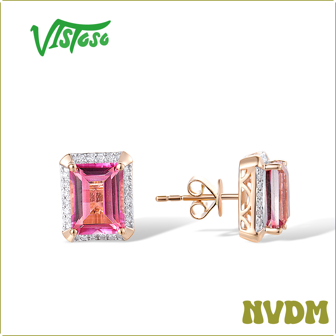 [NVDM] VISTOSO Pure 14K 585 Rose Solitaire Stud Earrings For Women Sparkling Diamond Pink Topaz Elegant Rectangle Fine Wedding Jewelry ☆