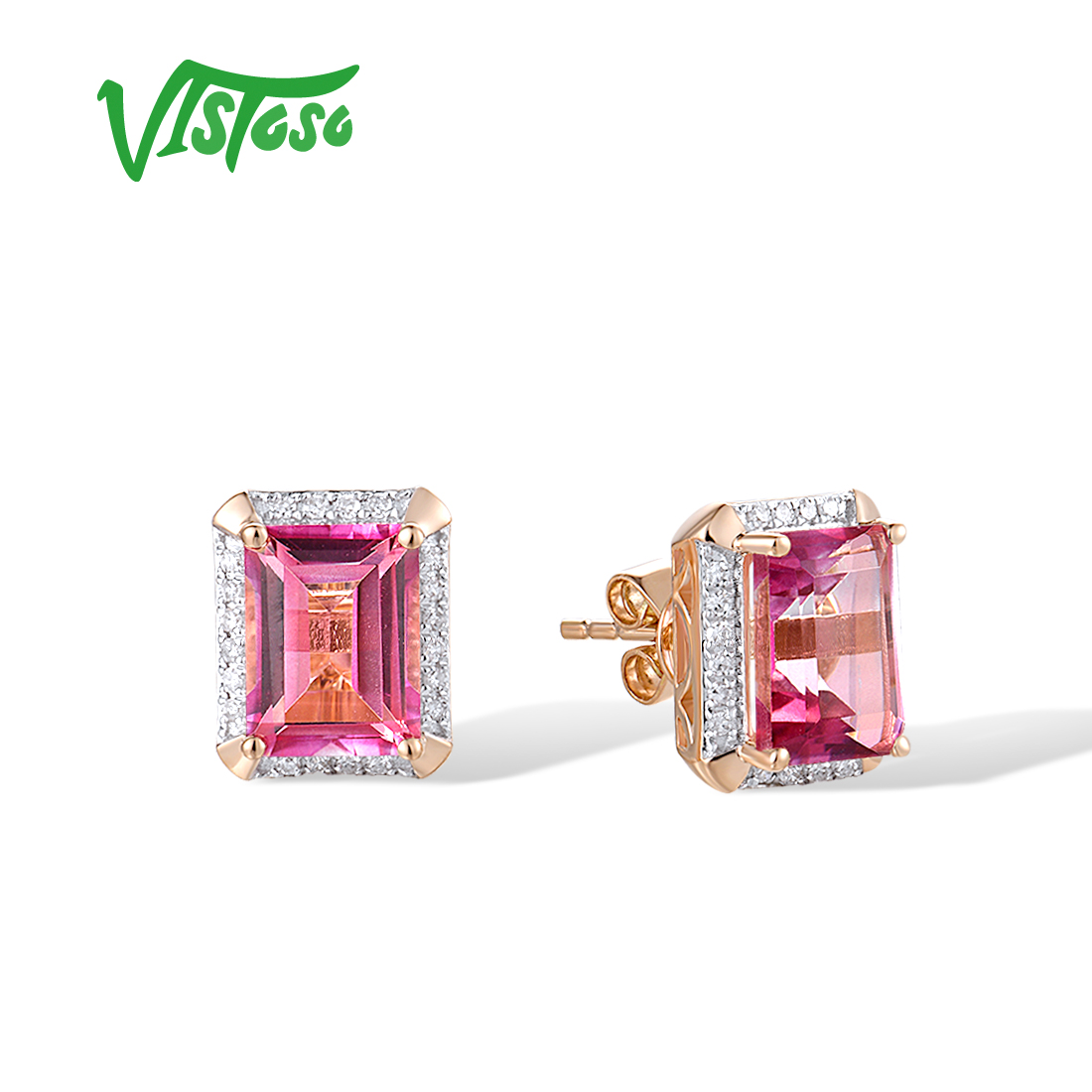 [NVDM] VISTOSO Pure 14K 585 Rose Solitaire Stud Earrings For Women Sparkling Diamond Pink Topaz Elegant Rectangle Fine Wedding Jewelry ☆