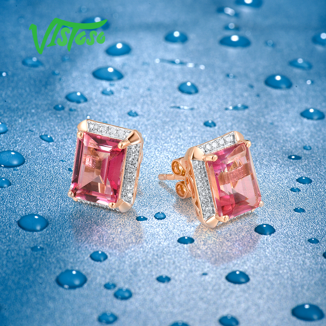 [NVDM] VISTOSO Pure 14K 585 Rose Solitaire Stud Earrings For Women Sparkling Diamond Pink Topaz Elegant Rectangle Fine Wedding Jewelry ☆