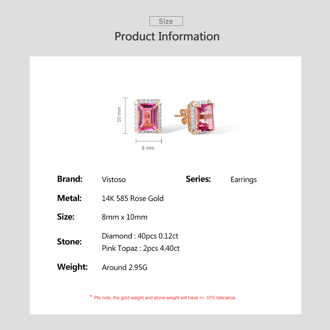[NVDM] VISTOSO Pure 14K 585 Rose Solitaire Stud Earrings For Women Sparkling Diamond Pink Topaz Elegant Rectangle Fine Wedding Jewelry ☆