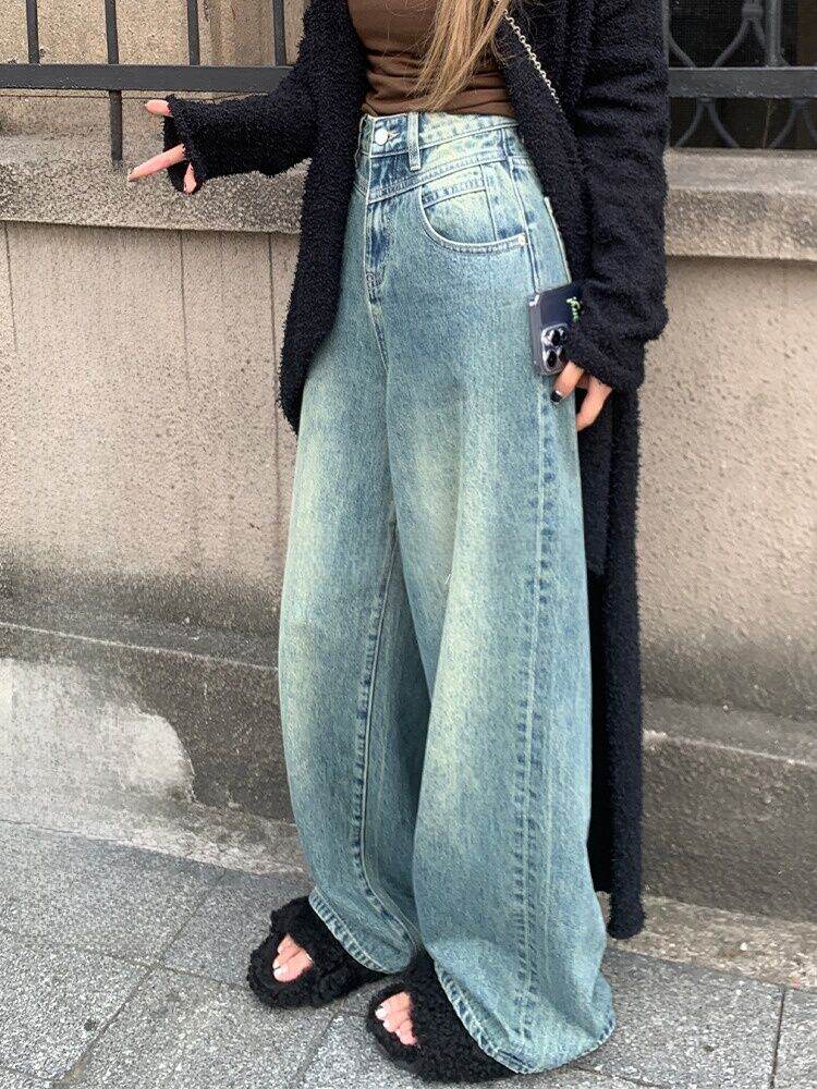 Jeans a vita alta a gamba larga da donna, vestibilità ampia, stile slavato, pantaloni in denim primavera-autunno di LUU Peach Joy Slimming Effect