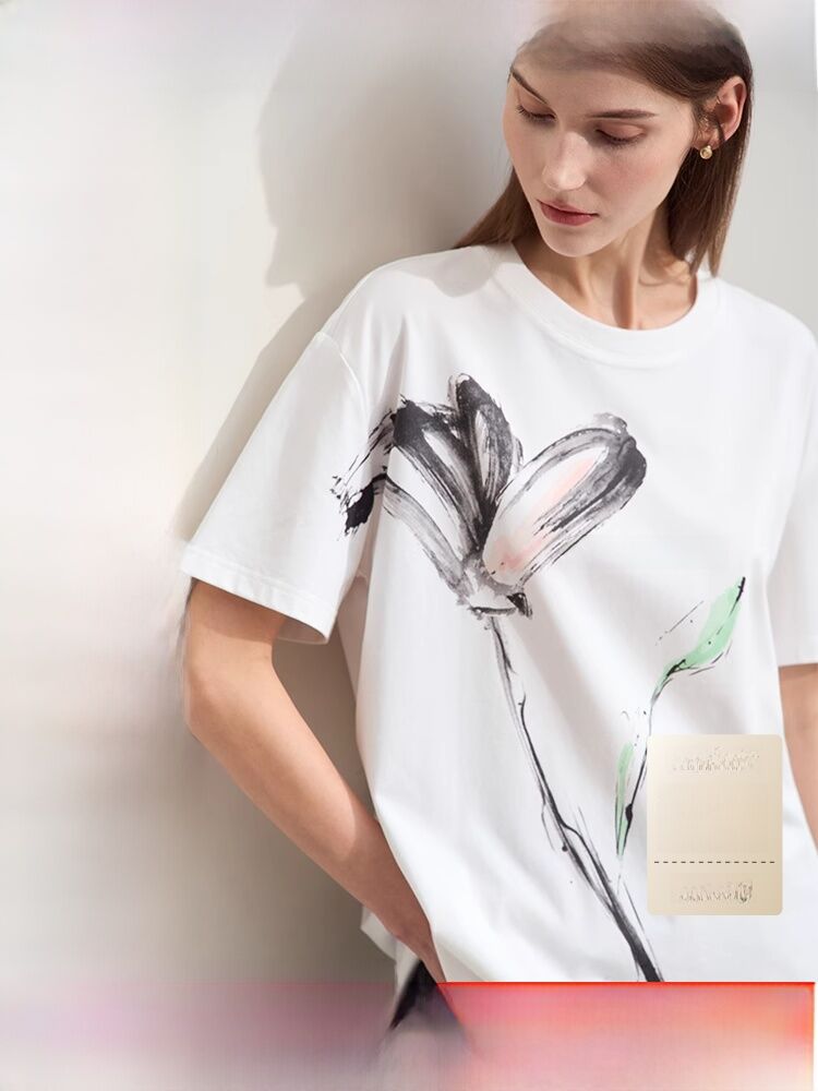 Amii Summer New Luźna bawełniana koszulka z krótkim rękawem Damska okrągła dekolta artystyczny nadruk Cool Feeling Casual