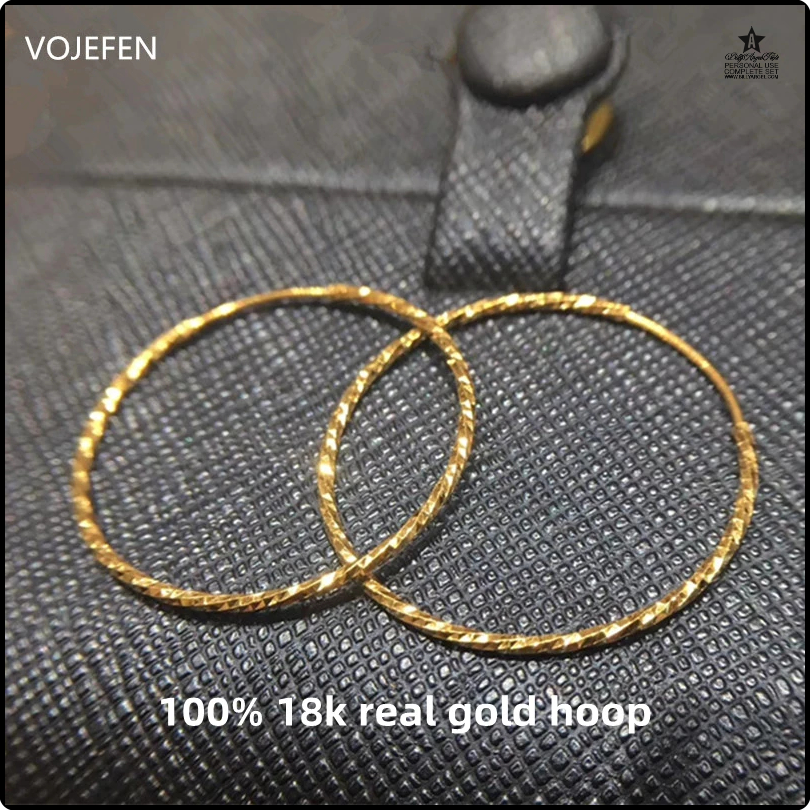 [we4z] VOJEFEN 18K Pure Gold Earring Hoops Women Original Shiny AU750 Gold Pattern Round Large Earrings Charms Earing Circle Fine Jewel · v2