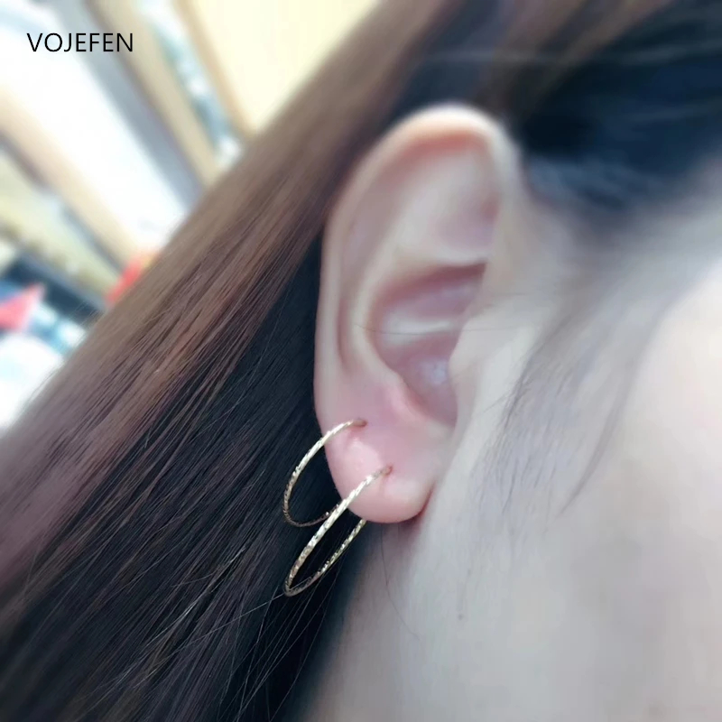 [we4z] VOJEFEN 18K Pure Gold Earring Hoops Women Original Shiny AU750 Gold Pattern Round Large Earrings Charms Earing Circle Fine Jewel · v2