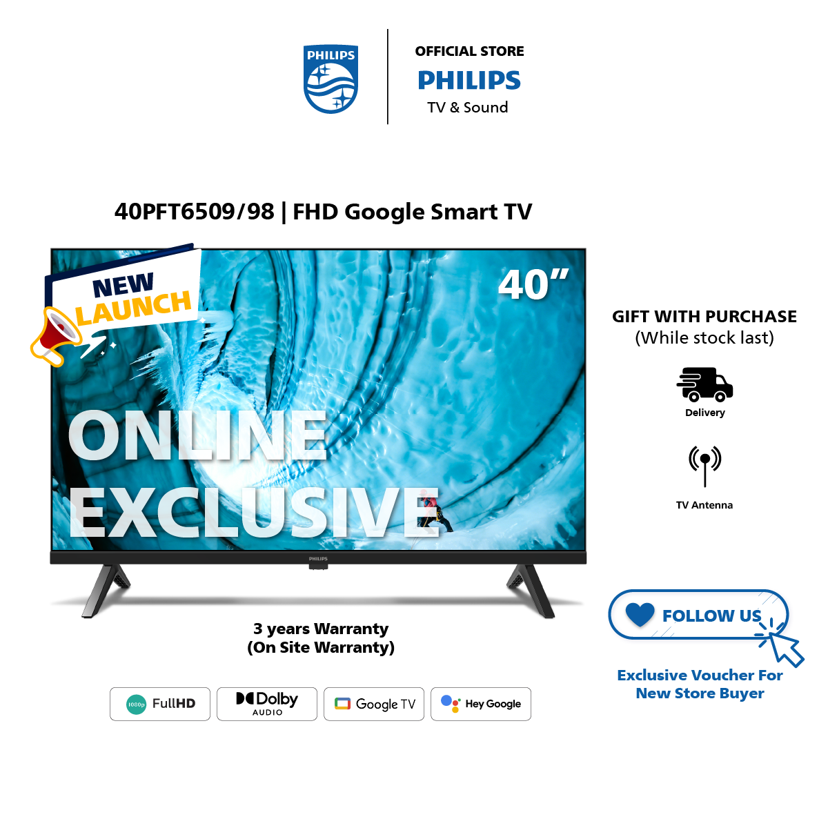 [2024 NEW LAUNCH] 40PFT6509/98 ONLINE EXCLUSIVE PHILIPS Google TV Full HD 40" TV | Youtube | Netflix | meWatch | Google Assistant | Dolby Vision | 3 years warranty | FOC Antenna