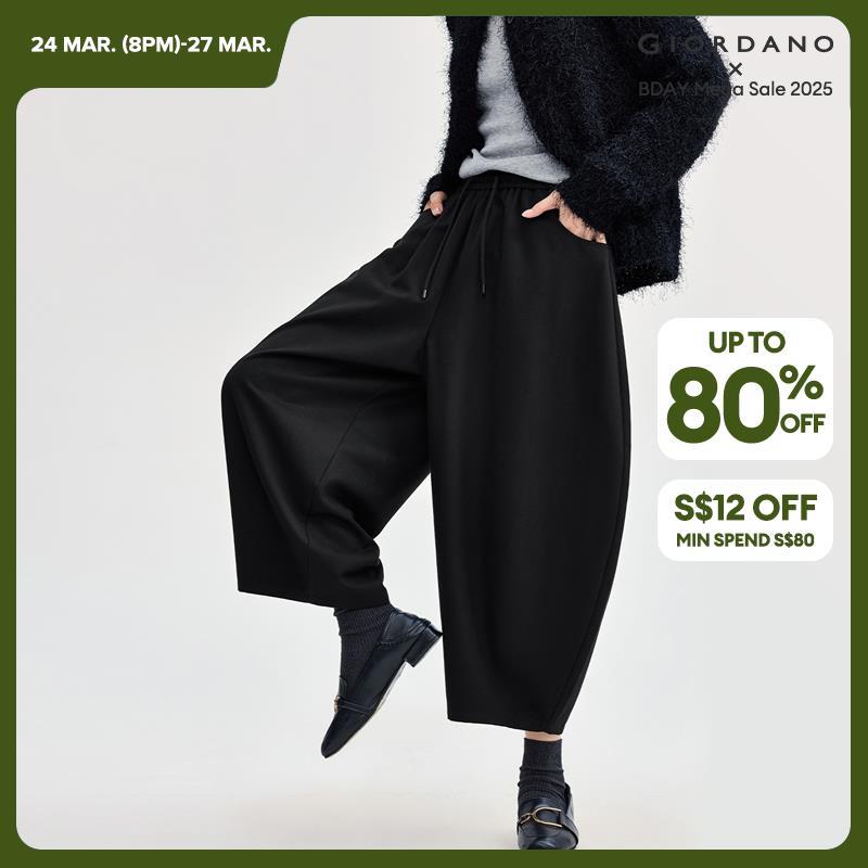 Giordano Women Elastic waist wide leg banana suit pants Free Shipping 18414924 · v2