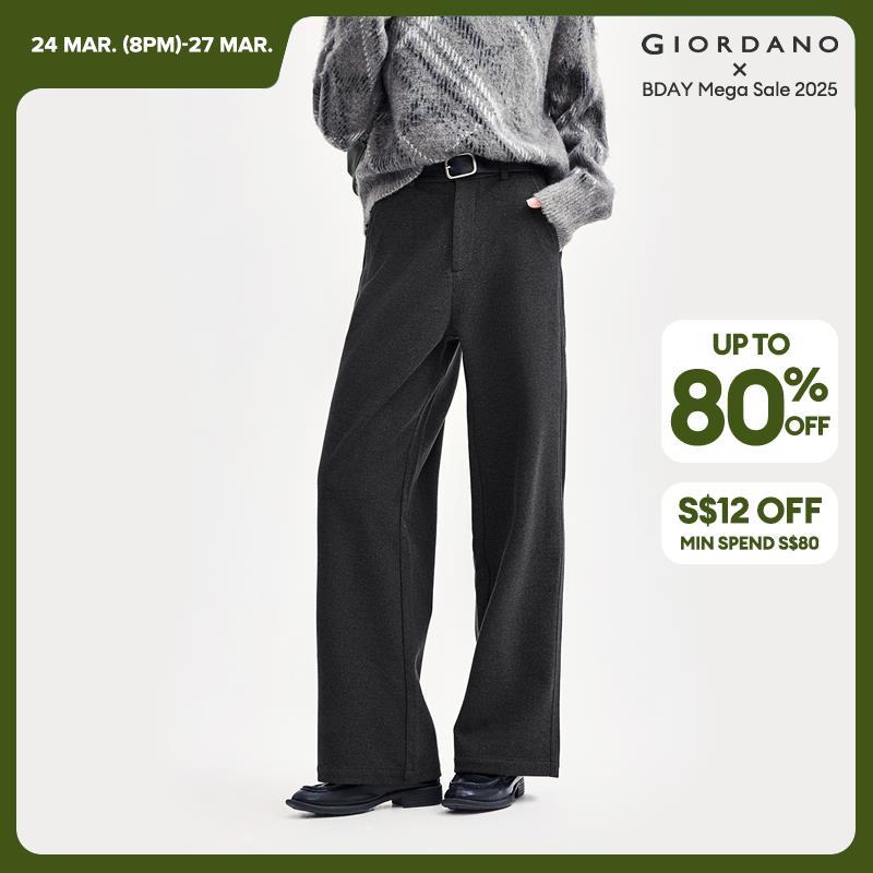 Giordano Women Half elastic waist wide leg woolen pants Free Shipping 18414621 · v2