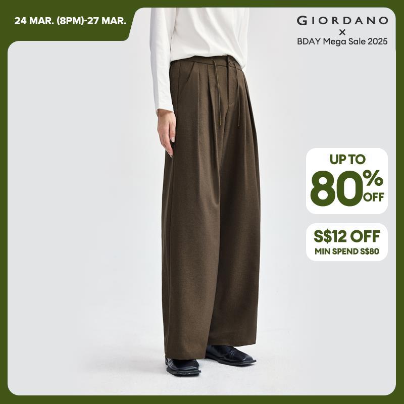 Giordano Women Drawstring half elastic waist pleated suit pants Free Shipping 18414222 · v2