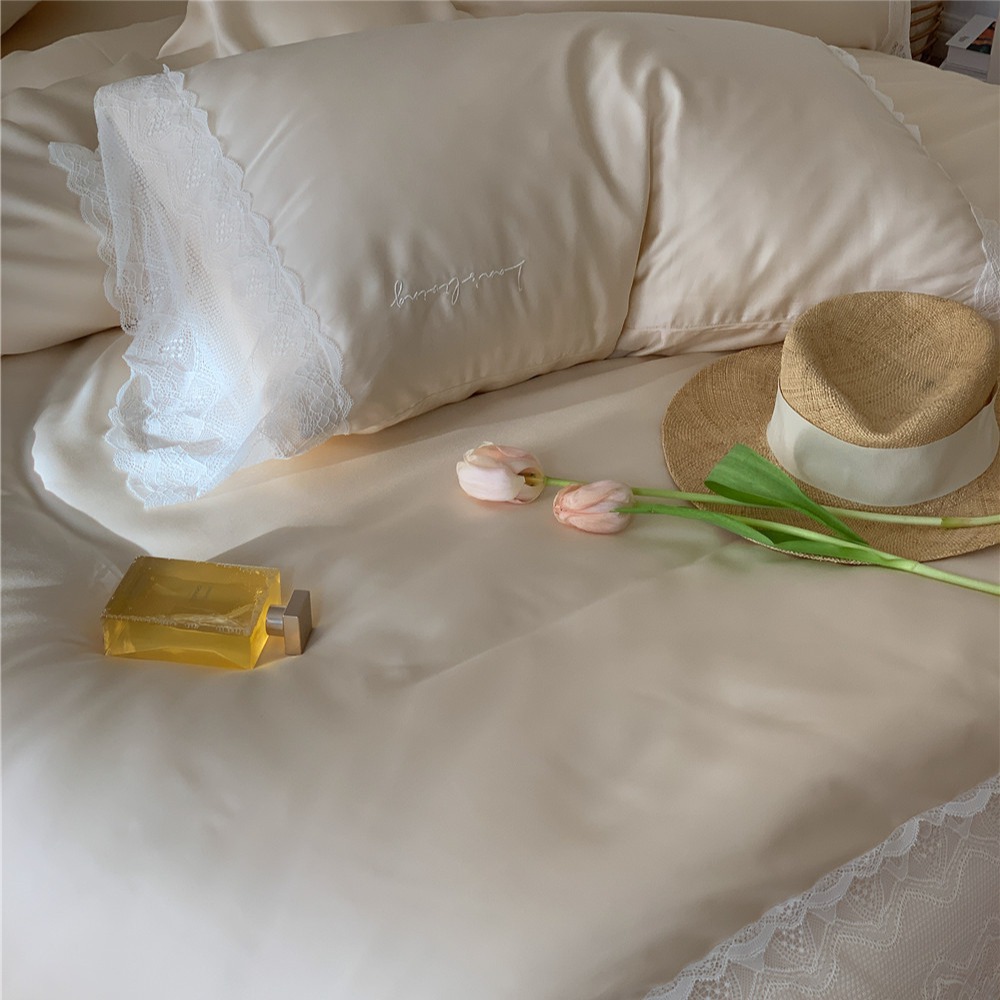 French Entry Lux Little Lady 60 Tencel Dört Parça Set Summer Cool Feeling Silky Sleep Naked Ice İpek Yorgan Kılıfı Yatak Örtüsü Yatak Örtüsü