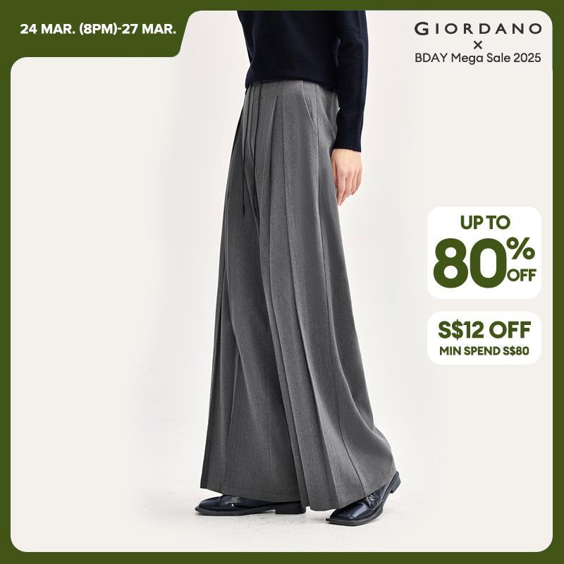 Giordano Women Drawstring half elastic waist pleated suit pants Free Shipping 18414623 · v2