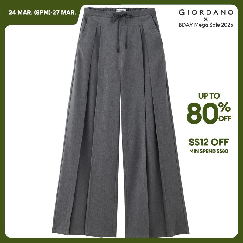 Giordano Women Drawstring half elastic waist pleated suit pants Free Shipping 18414623 · v2