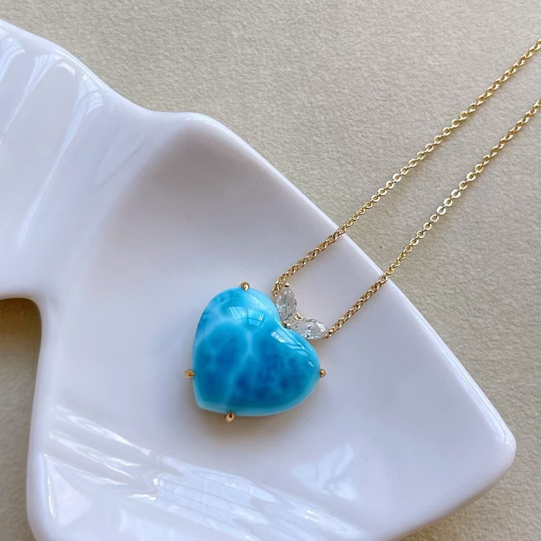 Montagen Jewelry 18K Pure Gold necklace for women Heart Design Fine Jewellery Natural 15x16.8mm Larimar Pendant Neckalce · v3