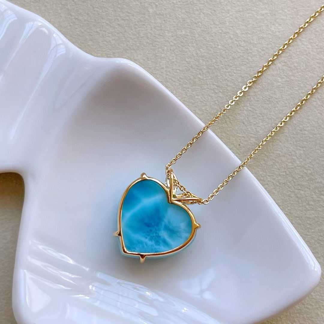 Montagen Jewelry 18K Pure Gold necklace for women Heart Design Fine Jewellery Natural 15x16.8mm Larimar Pendant Neckalce · v3