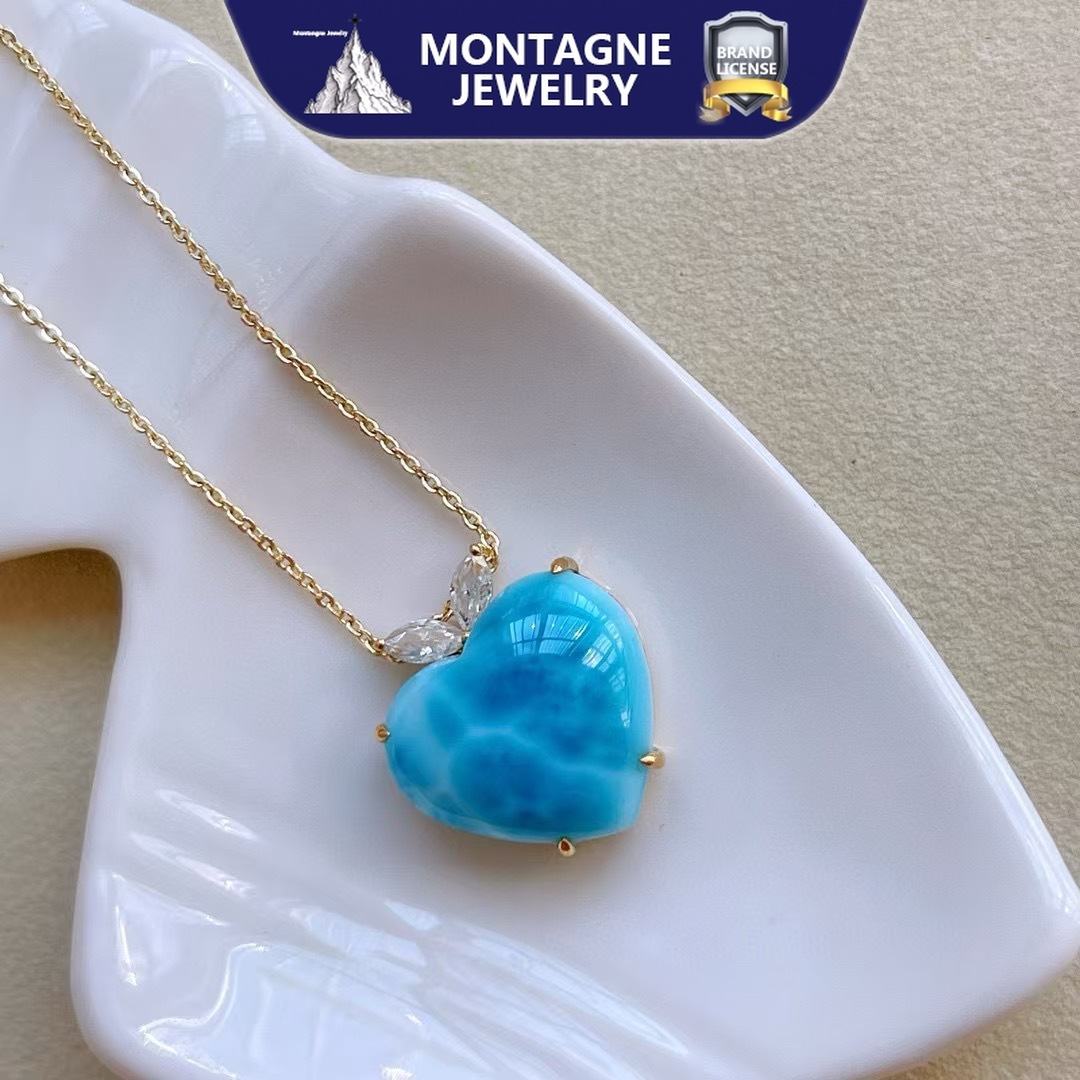 Montagen Jewelry 18K Pure Gold necklace for women Heart Design Fine Jewellery Natural 15x16.8mm Larimar Pendant Neckalce · v3