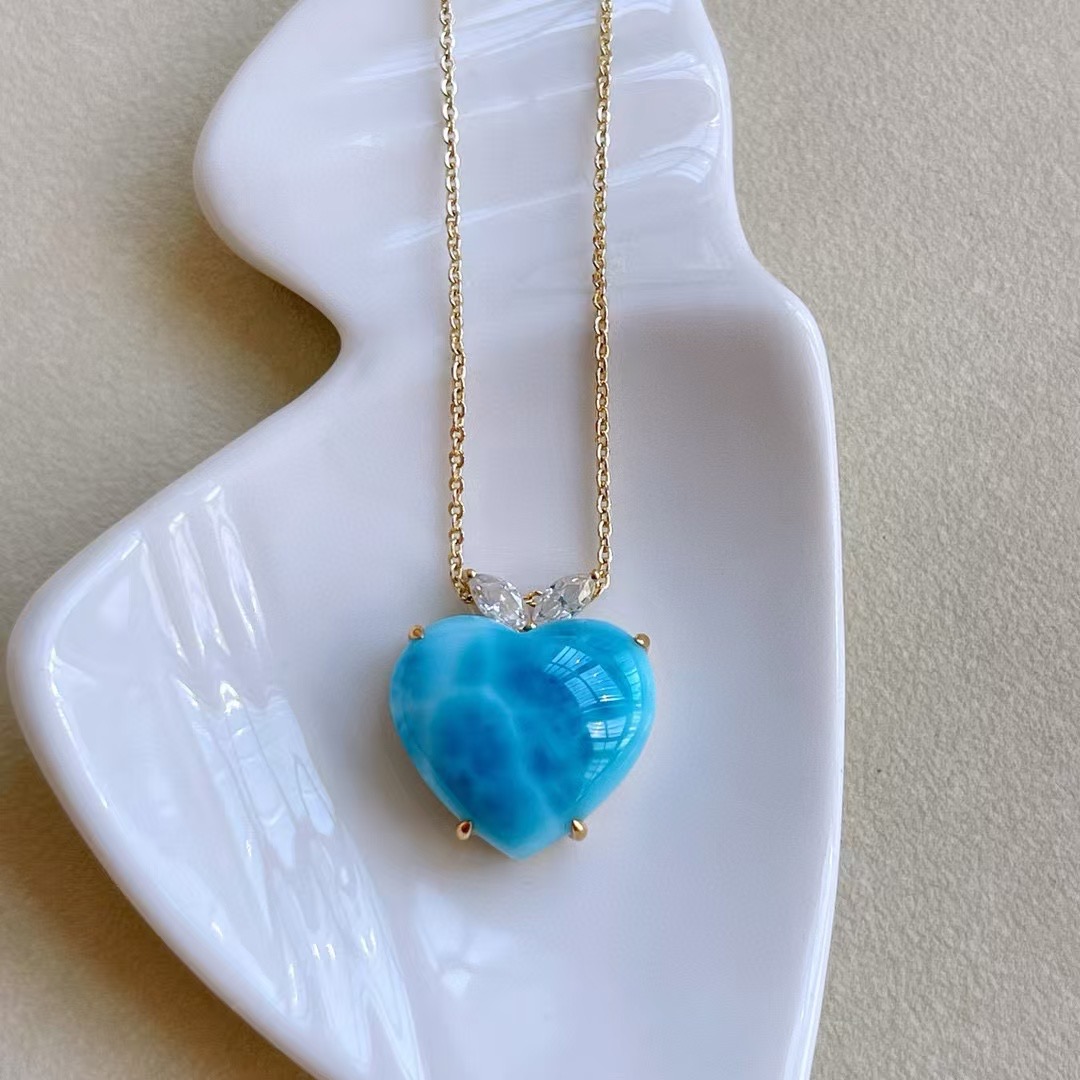 Montagen Jewelry 18K Pure Gold necklace for women Heart Design Fine Jewellery Natural 15x16.8mm Larimar Pendant Neckalce · v3