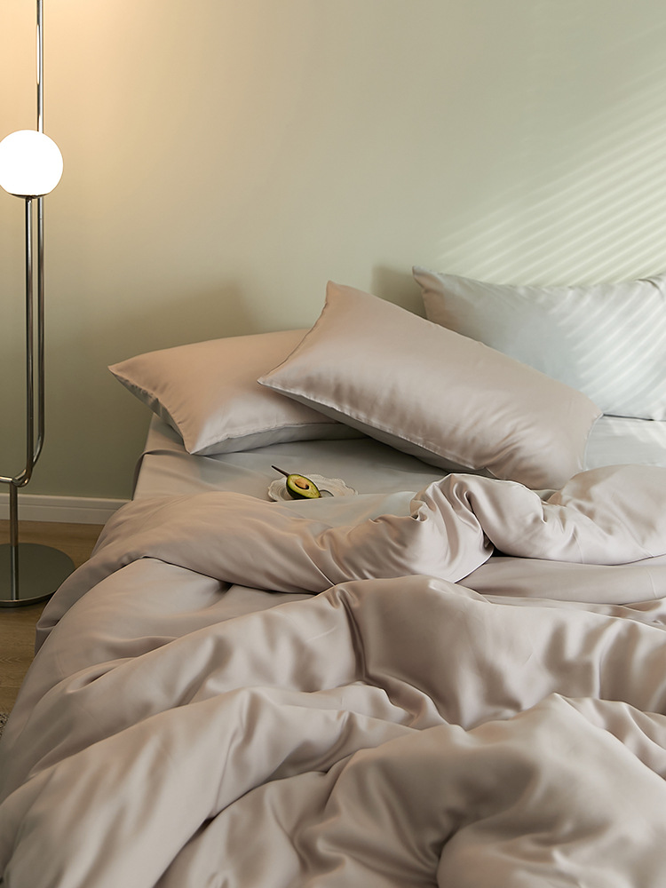 J6DA Light Luxury 60 Tencel Solid Color Bed Sheet Four-Piece Set Cold Wind Ice Silk Quilt Cover Summer Silky Quilt Single Bed
