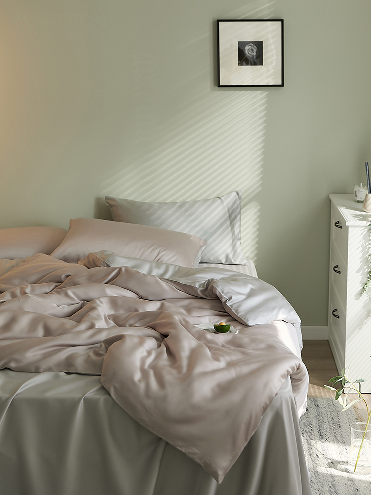 J6DA Light Luxury 60 Tencel Solid Color Bed Sheet Four-Piece Set Cold Wind Ice Silk Quilt Cover Summer Silky Quilt Single Bed