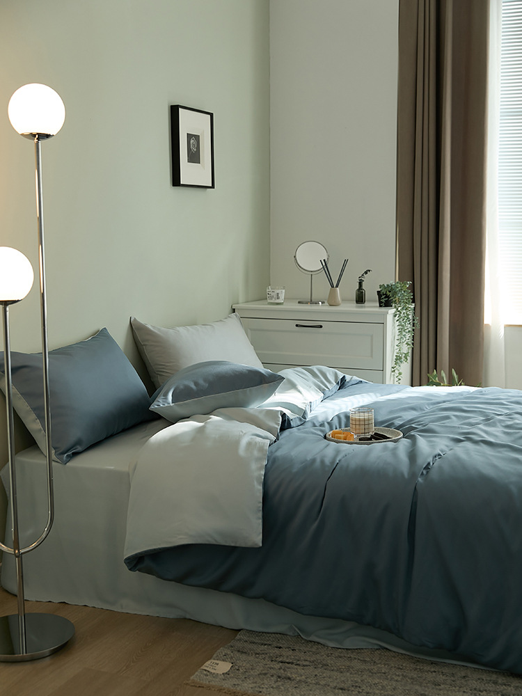 J6DA Light Luxury 60 Tencel Solid Color Bed Sheet Four-Piece Set Cold Wind Ice Silk Quilt Cover Summer Silky Quilt Single Bed
