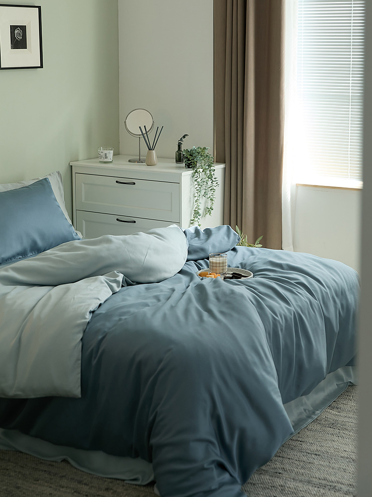 J6DA Light Luxury 60 Tencel Solid Color Bed Sheet Four-Piece Set Cold Wind Ice Silk Quilt Cover Summer Silky Quilt Single Bed
