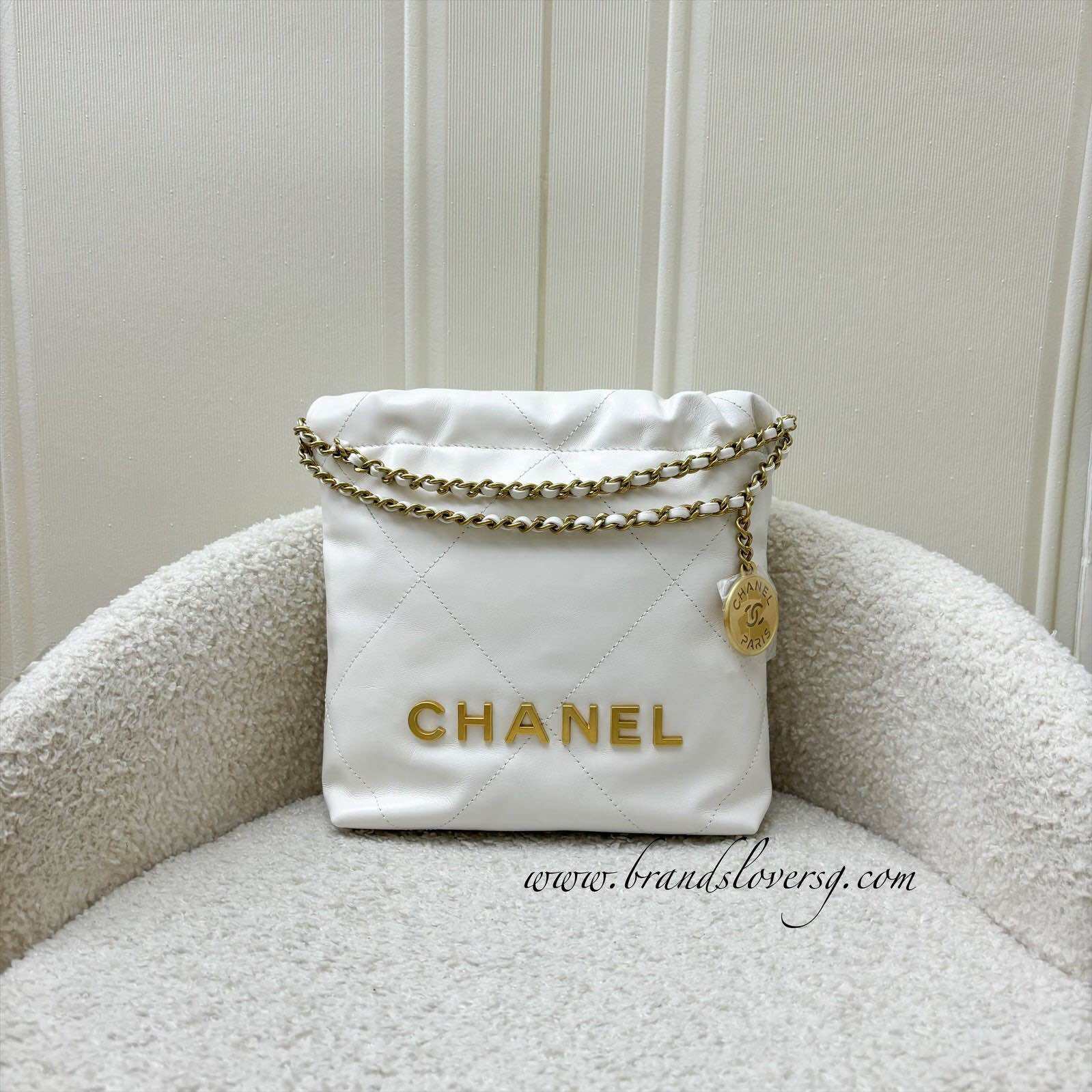 Borsa Chanel 22 Mini Hobo in pelle di vitello bianca lucida e AGHW