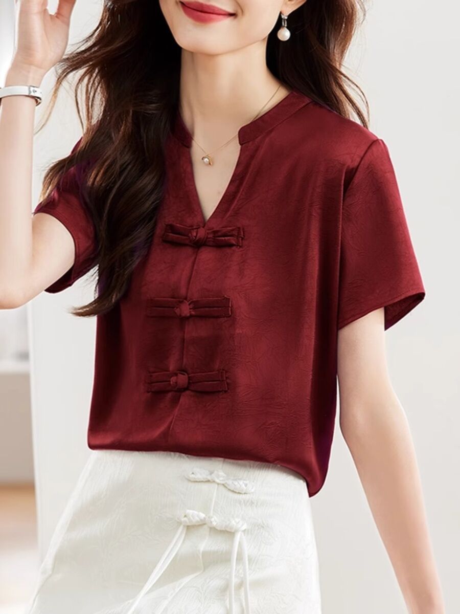 New Chinese Style Short Sleeve Shirt Women Summer 2025 New Fashion Black Embroidered Top Ladies Small Shirt Upper Body