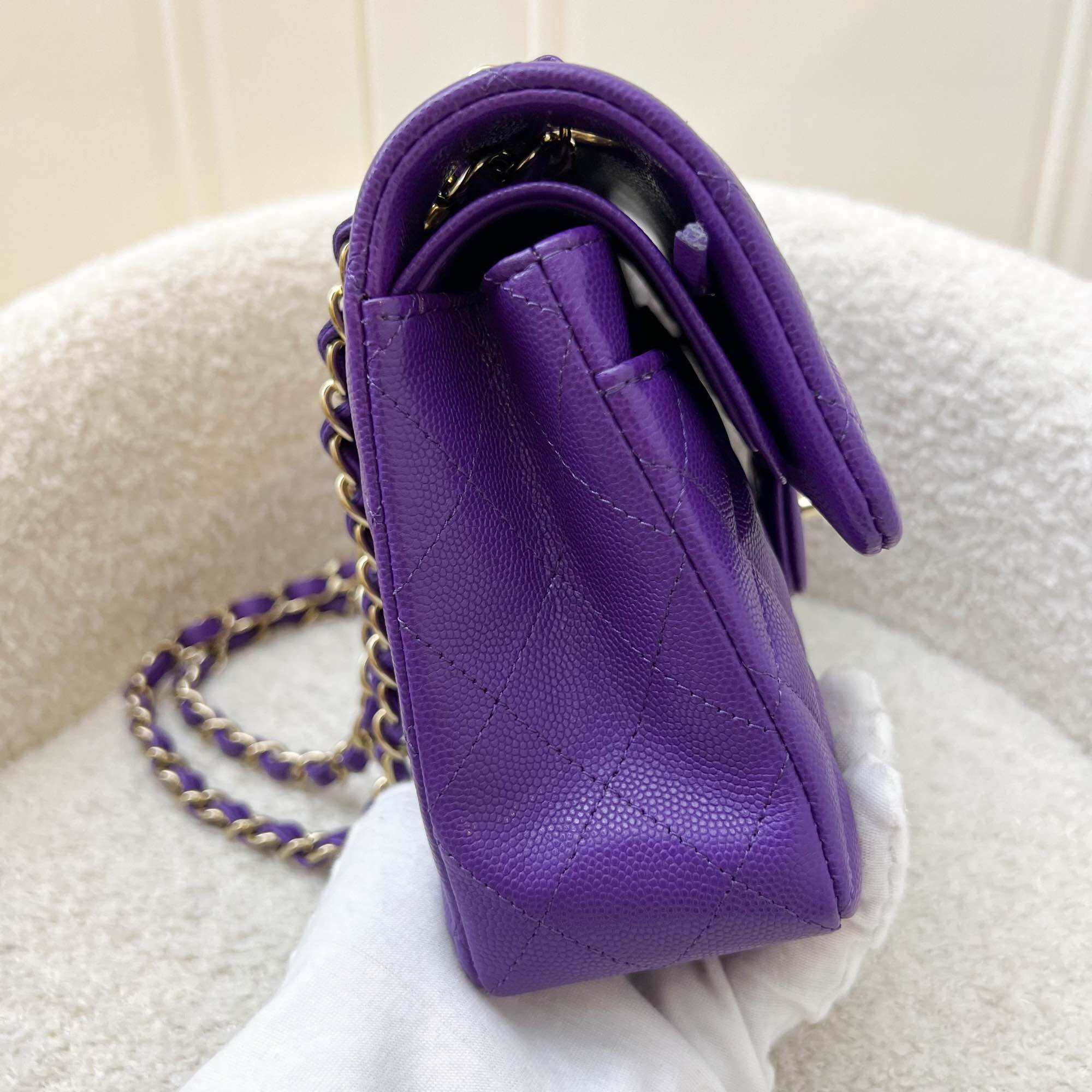 Chanel Small Classic Flap CF in 22A Dark Purple Caviar and LGHW · v3