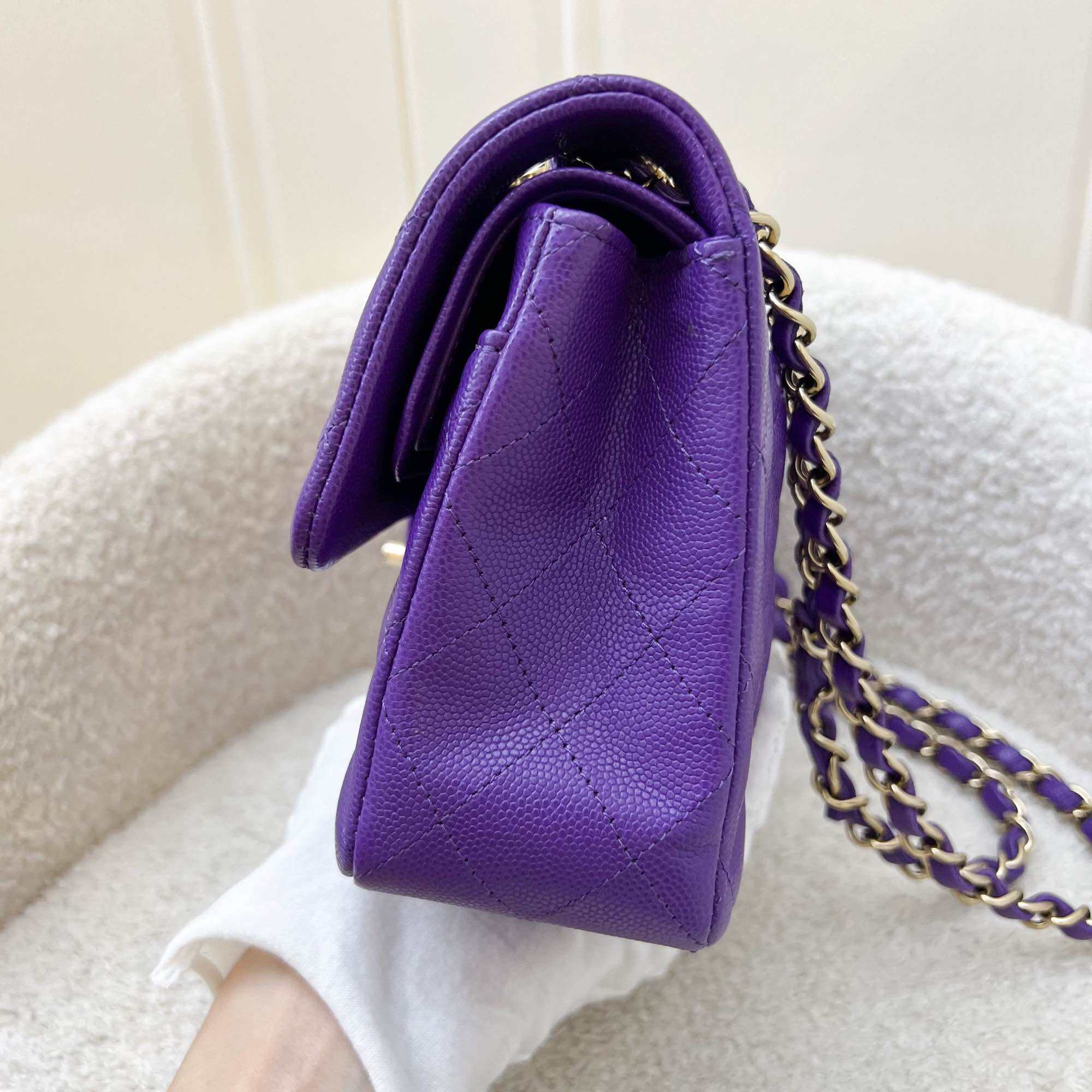 Chanel Small Classic Flap CF in 22A Dark Purple Caviar and LGHW · v3