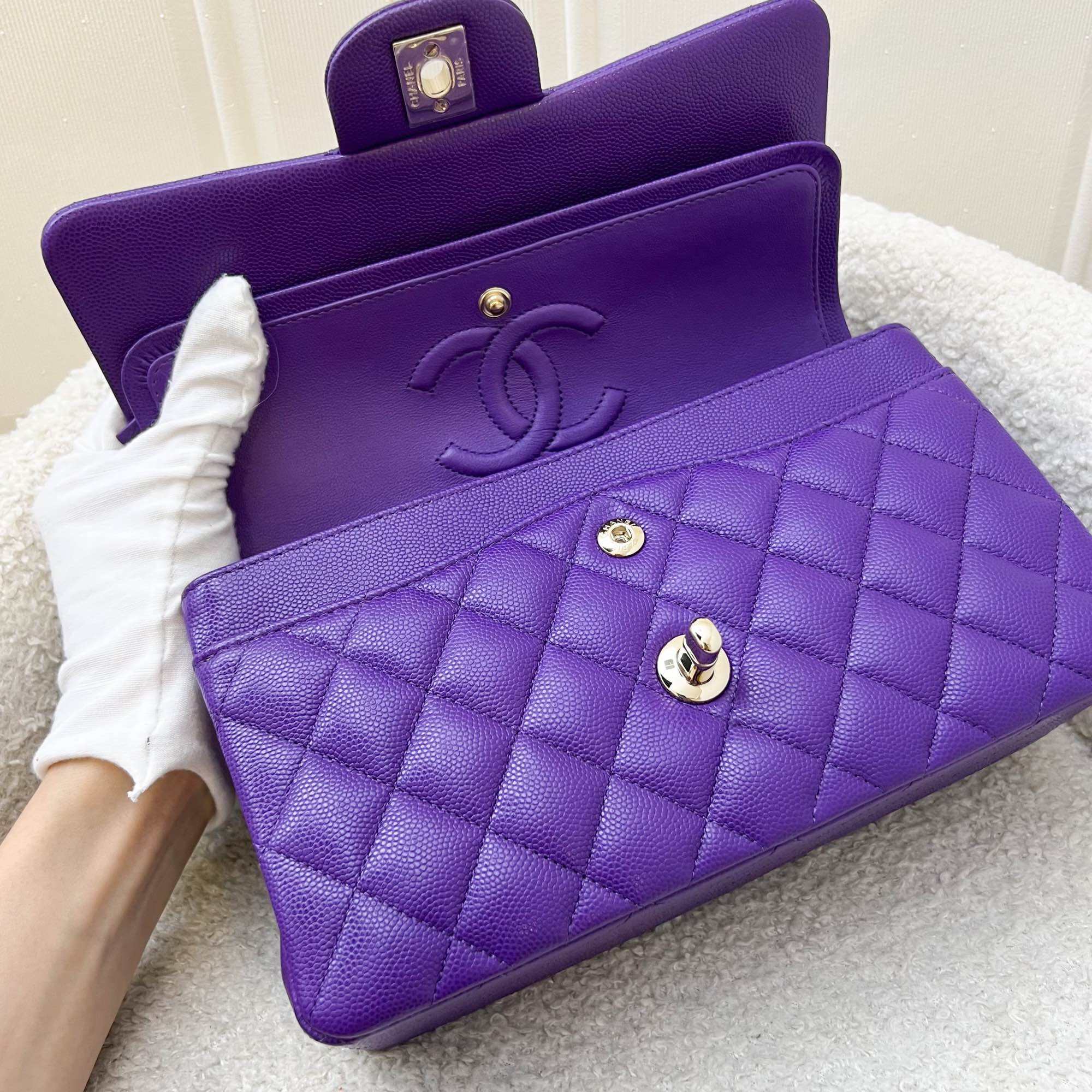 Chanel Small Classic Flap CF in 22A Dark Purple Caviar and LGHW · v3