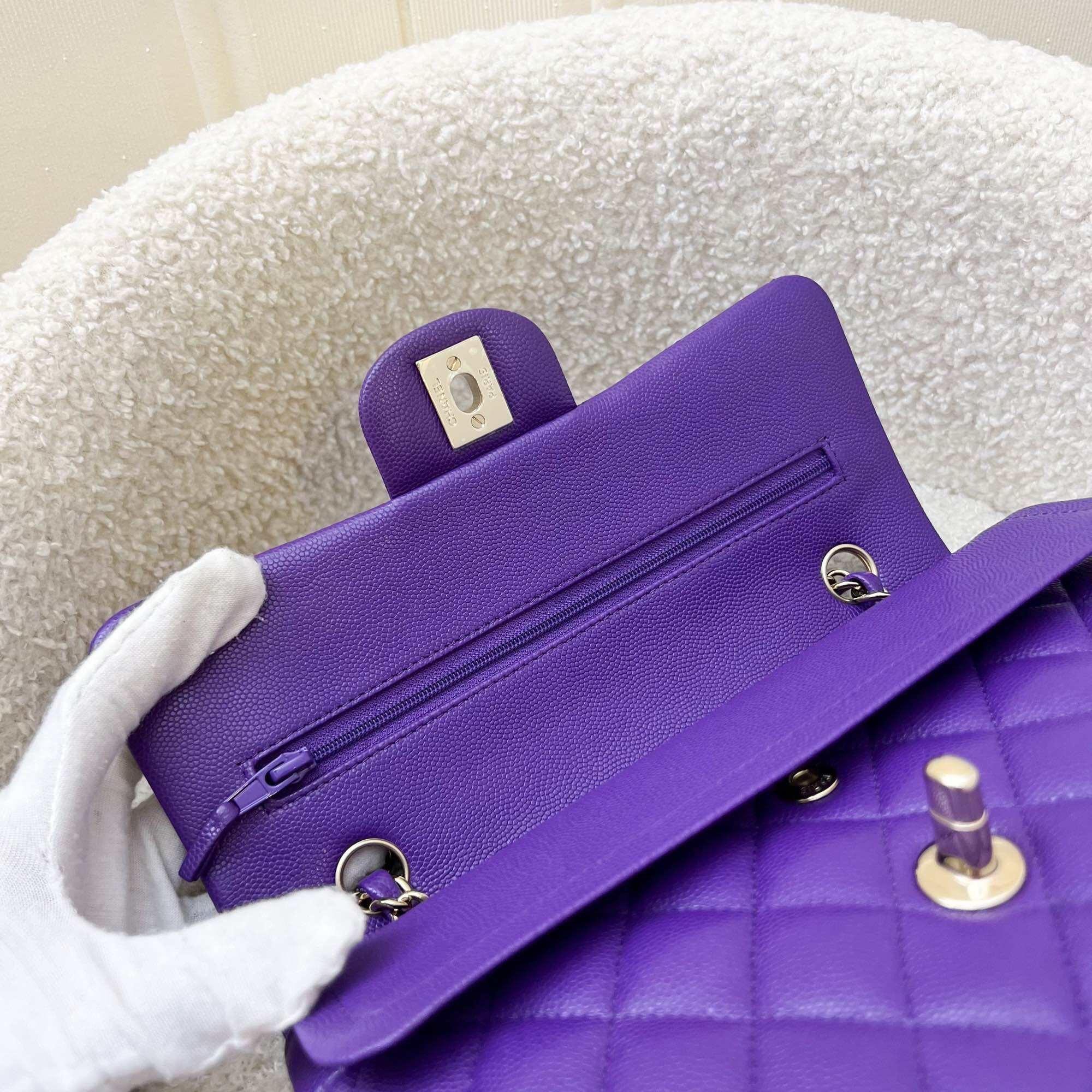 Chanel Small Classic Flap CF in 22A Dark Purple Caviar and LGHW · v3