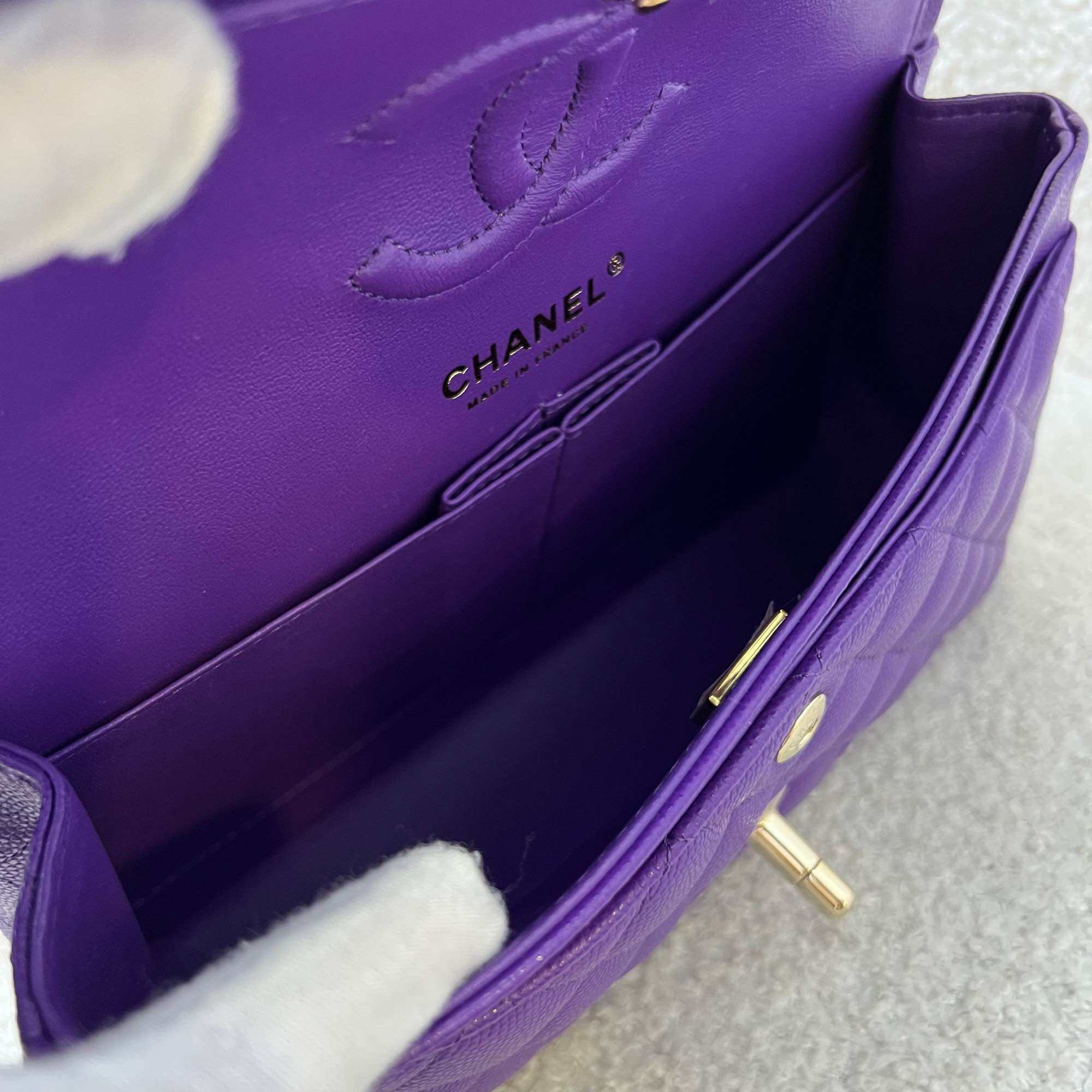 Chanel Small Classic Flap CF in 22A Dark Purple Caviar and LGHW · v3