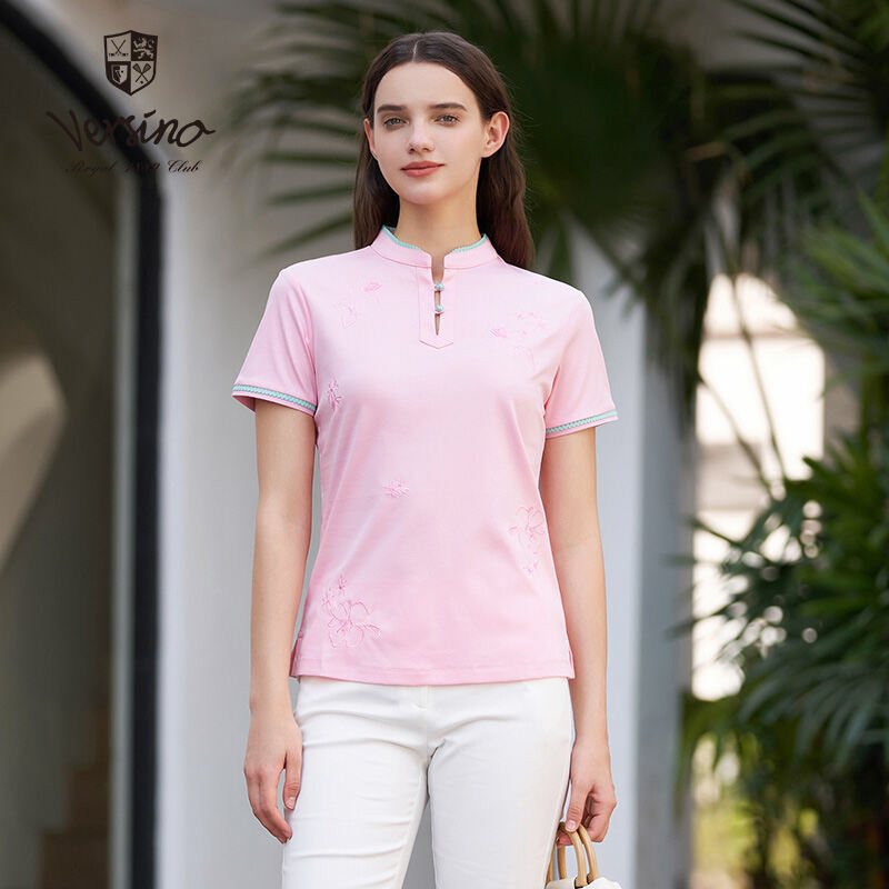 Versino, haftowana koszulka polo z krótkim rękawem w stylu chińskim, damska lato New Arrival, uniwersalna, codzienna bawełniana, smukła krój
