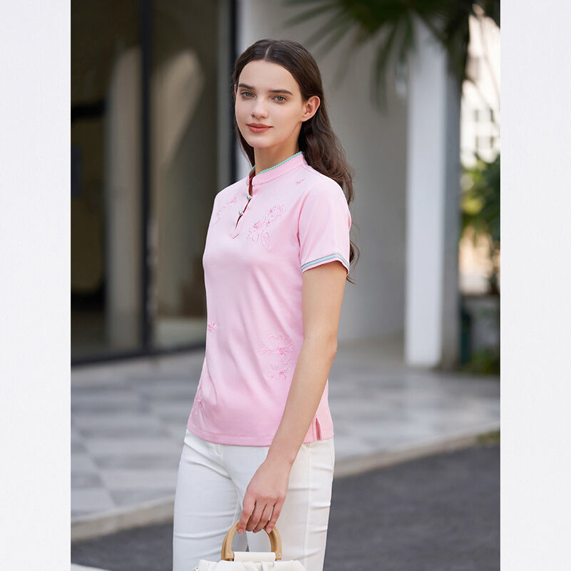 Versino, haftowana koszulka polo z krótkim rękawem w stylu chińskim, damska lato New Arrival, uniwersalna, codzienna bawełniana, smukła krój