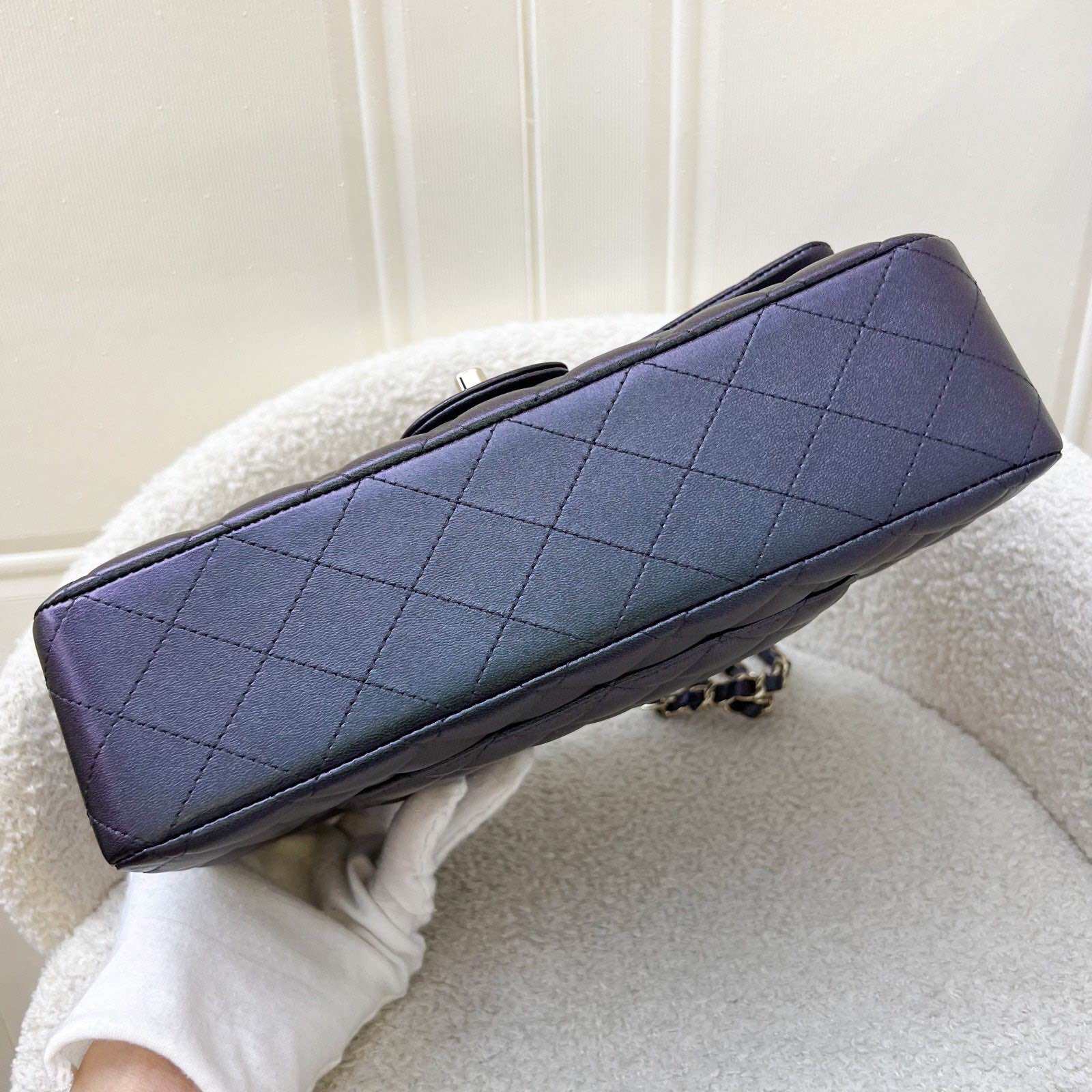 Chanel Medium Classic Flap CF in Iridescent Black Lambskin and LGHW (Model: A01112) · v4