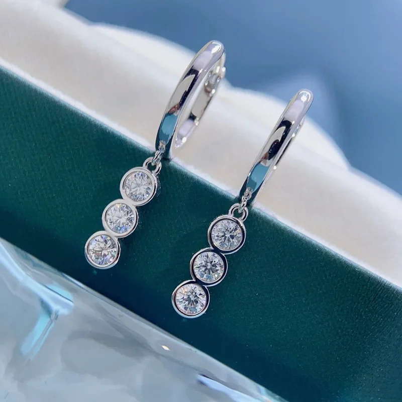 Solid 14K White Gold AU585 Platinum PT950 Tassel Design Earrings Buckle Women Moissanite Fashion Earrings · v3