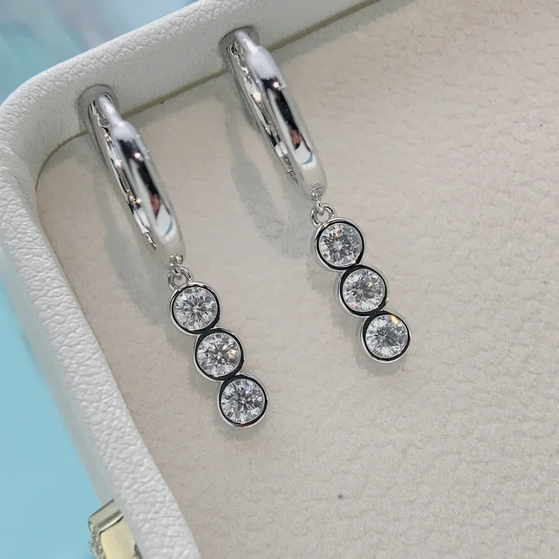 Solid 14K White Gold AU585 Platinum PT950 Tassel Design Earrings Buckle Women Moissanite Fashion Earrings · v4