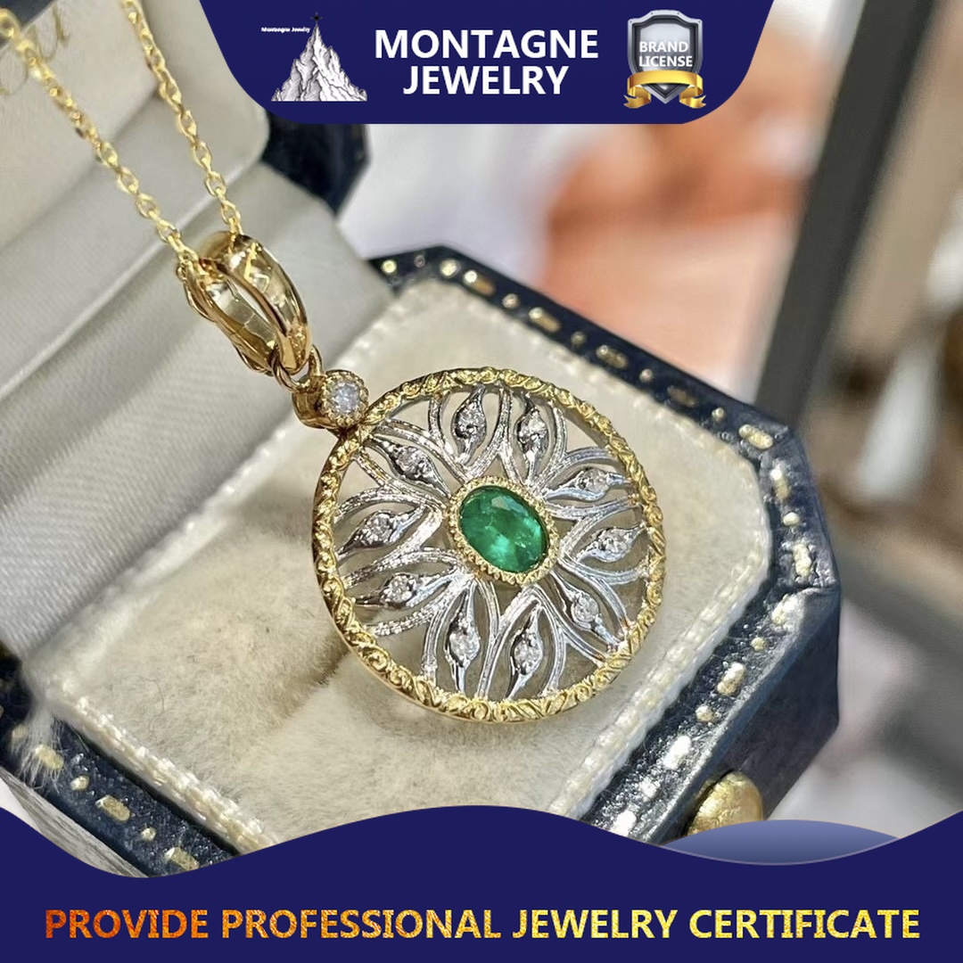 Montagne Jewelry สร้อยคอทองคำบริสุทธิ์ 18k สำหรับผู้หญิง ดีไซน์ดอกทานตะวันประดับเพชร อัญมณีสีเขียวธรรมชาติ จี้มรกต
