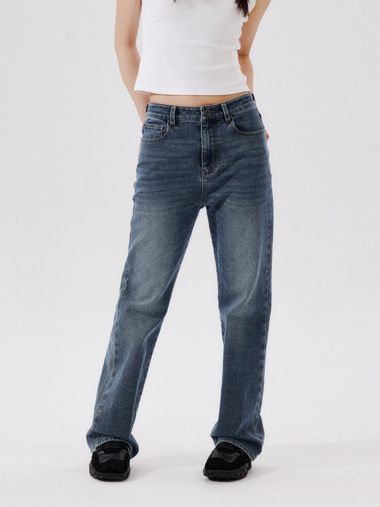 PSO Brand High Waist Straight Leg Blue Washed Denim Jeans Women's Elastic Slimming Pants Versatile Casual Trousers · v2