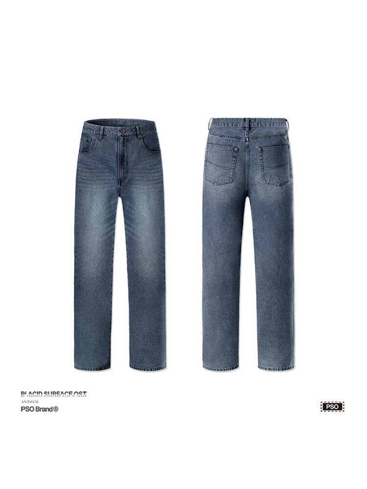 PSO Brand High Waist Straight Leg Blue Washed Denim Jeans Women's Elastic Slimming Pants Versatile Casual Trousers · v2