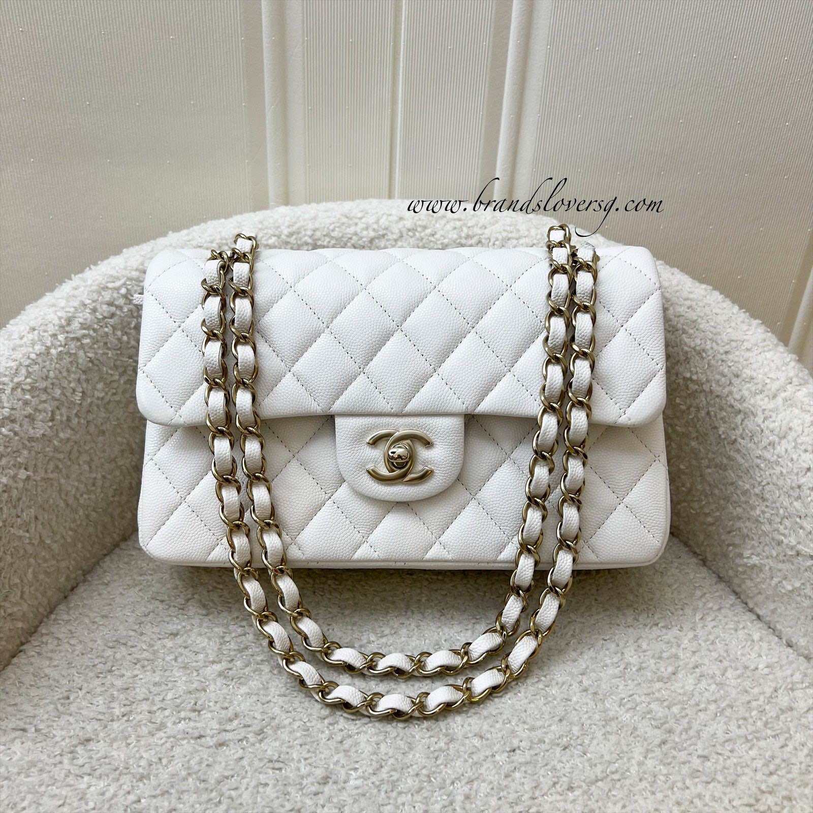 Chanel Small Classic Flap CF in White Caviar and LGHW · v12