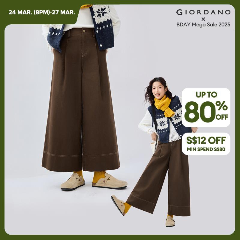 Giordano Women 100% Cotton wide leg ankle length pants Free Shipping 18424609 · v2