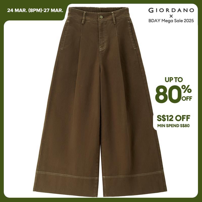 Giordano Women 100% Cotton wide leg ankle length pants Free Shipping 18424609 · v2