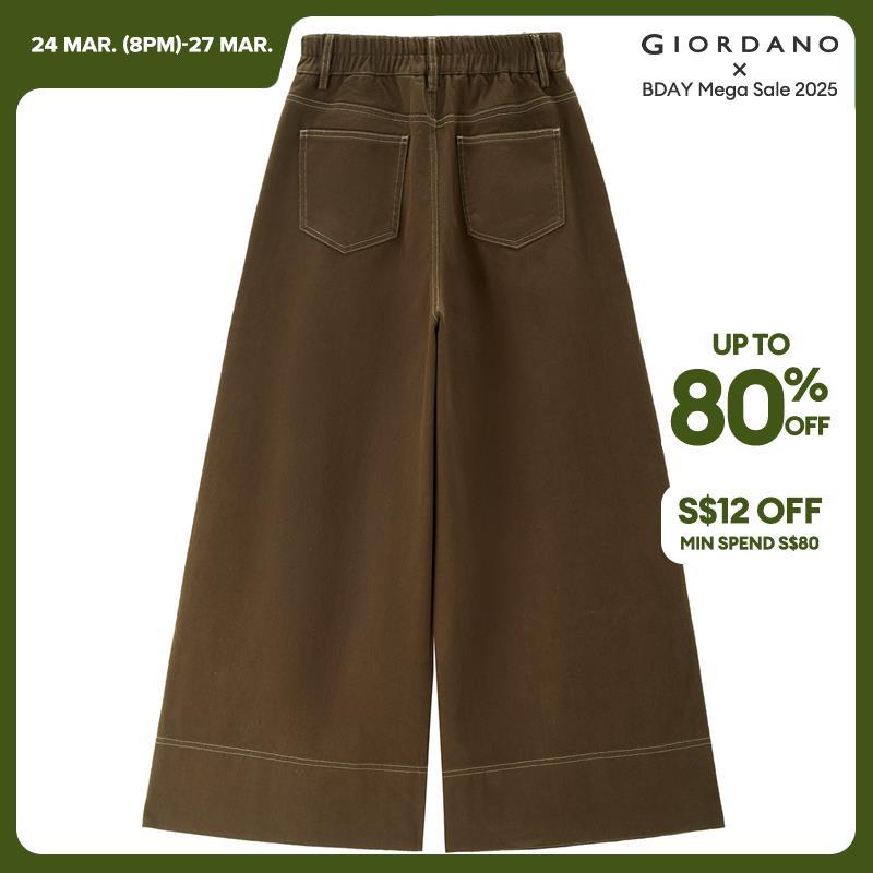 Giordano Women 100% Cotton wide leg ankle length pants Free Shipping 18424609 · v2