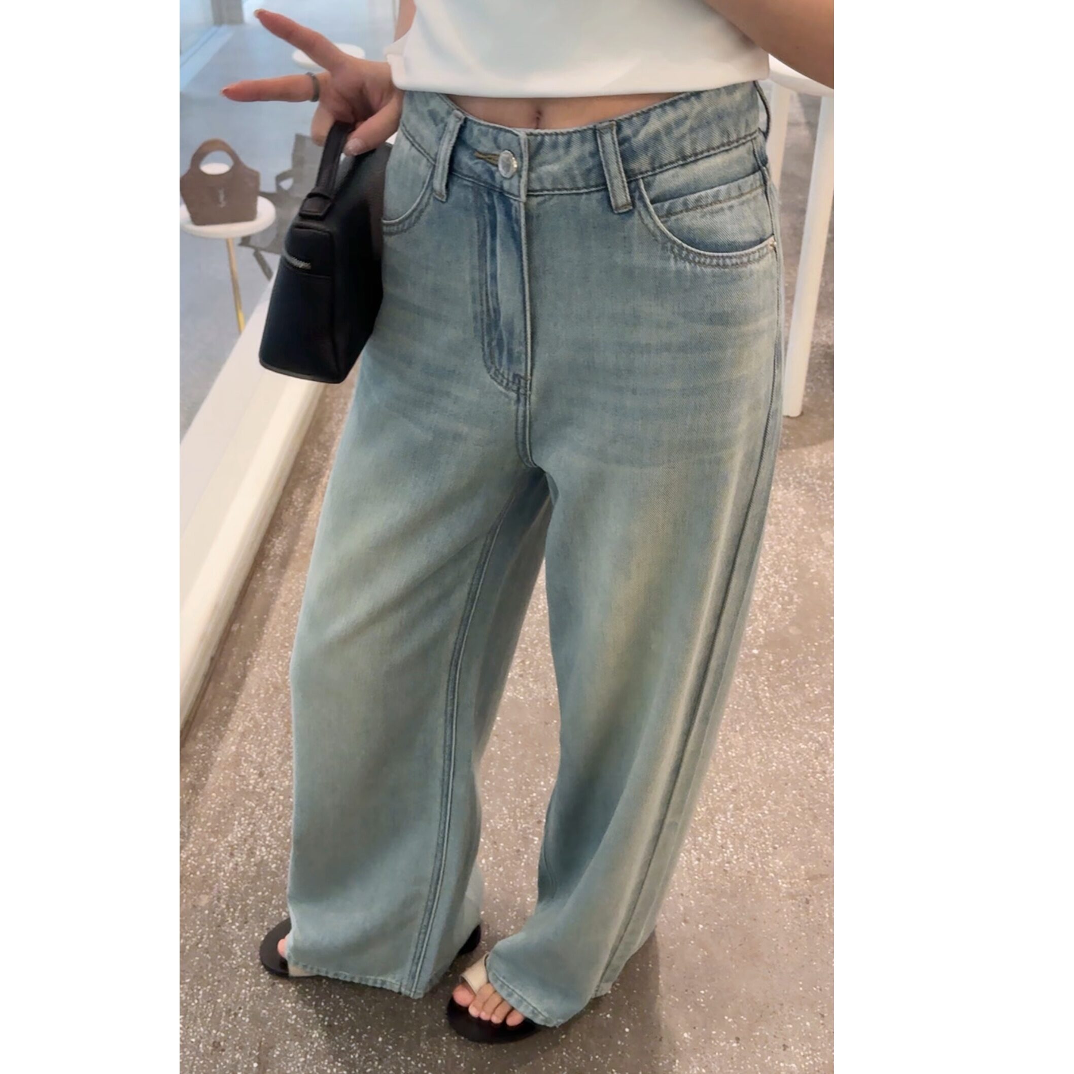 High Waist Cream Blue Jeans Women's Fashionable Versatile Straight Leg Denim Pants Summer Long Trousers Wide Leg Pants · v2