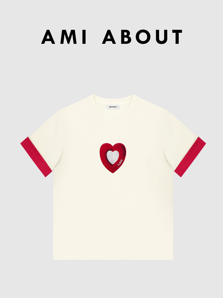 Ami about Official Website Stitched Design T-Shirt Pure Cotton Short Sleeve Summer Top Color Block Heart 3D Embroidery Sweet Style